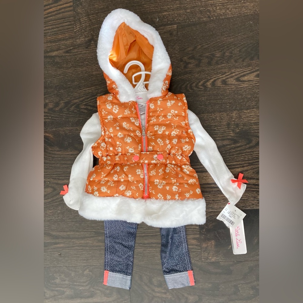 Girls 3-Piece Set Puffer Vest Long Sleeve Shirt & Jean Leggings Size 18 Months